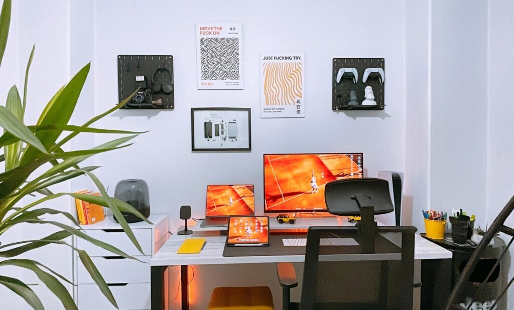 Modern home office desktop workspace with dual monitors and keyboard
