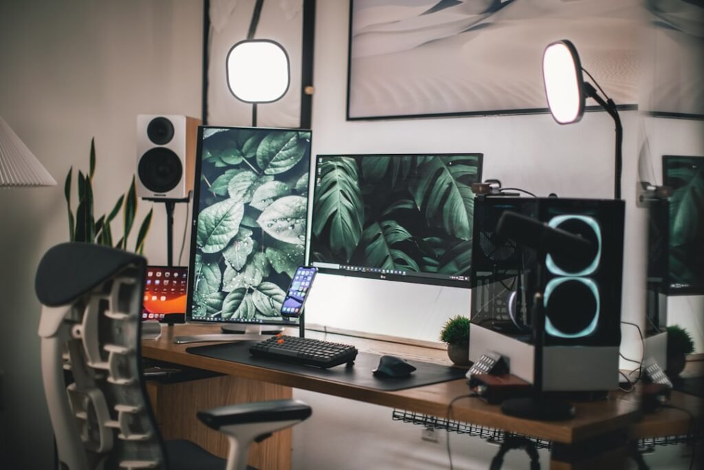 Best home office monitors 2026 - professional desk setup with large monitor display