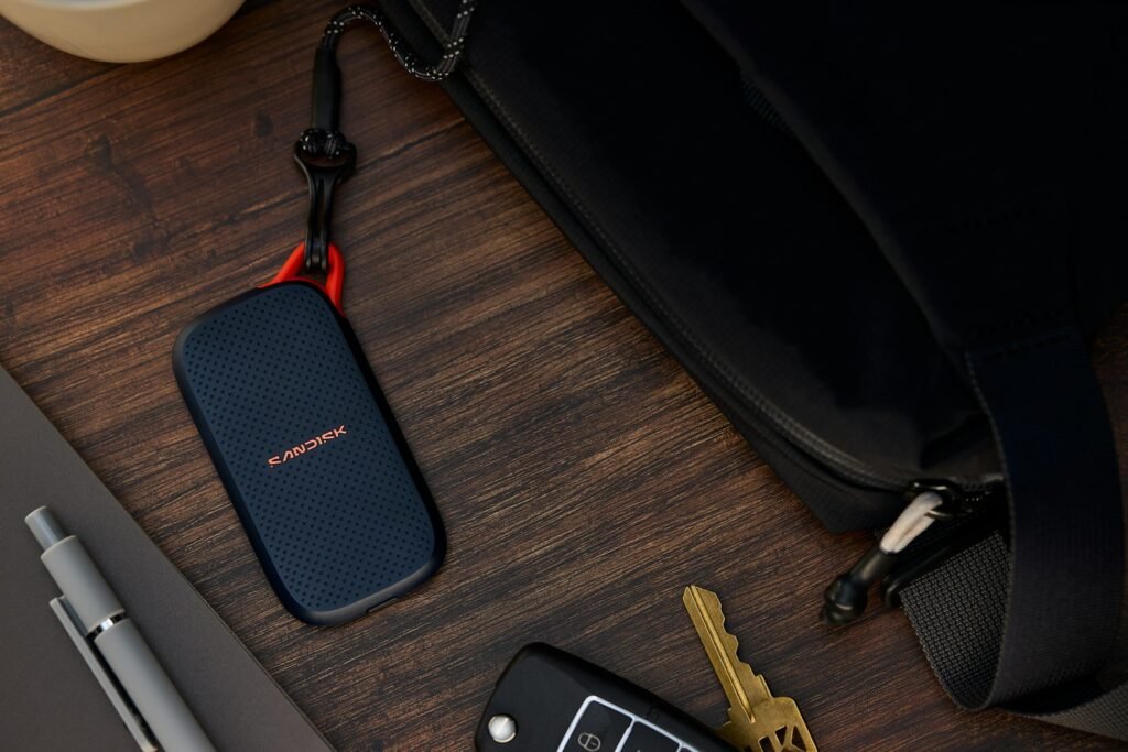 Portable external SSD with keys and a bag on a desk — best external SSDs for business 2026