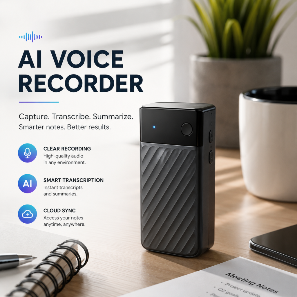 AI voice recorder device on a desk - best AI note takers 2026
