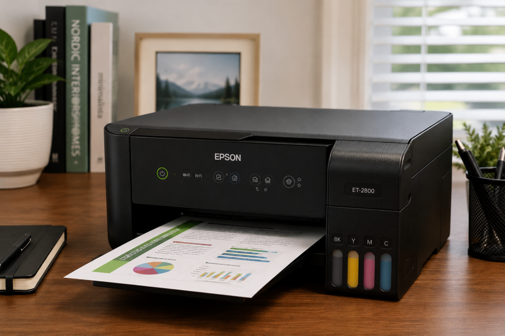 Epson EcoTank ET-2800 ink tank printer on a home office desk with visible refillable ink tanks