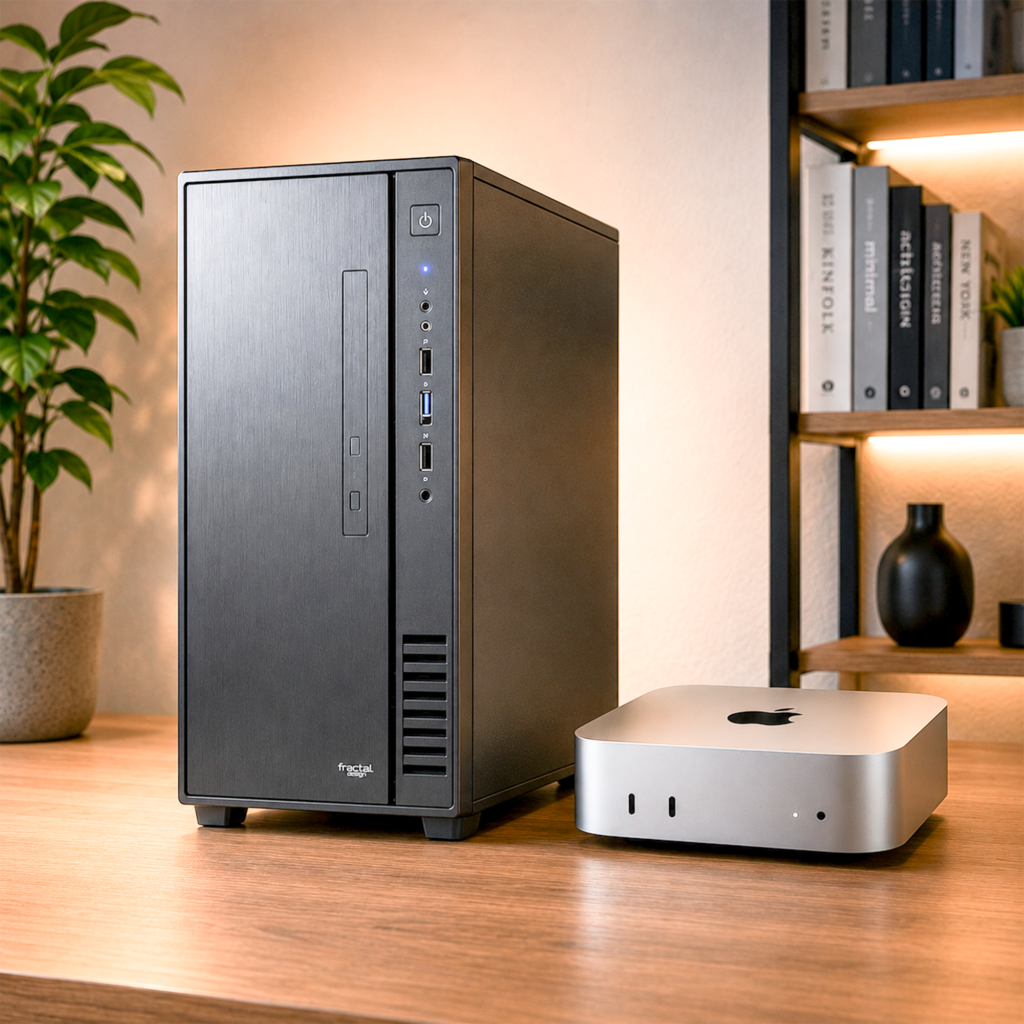 Desktop PC tower, monitor and a mini PC on a home office desk, compared side by side