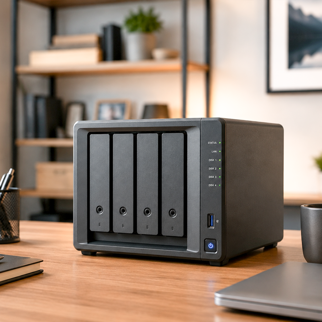 Four-bay Synology-style NAS with status LEDs on a wooden home office desk