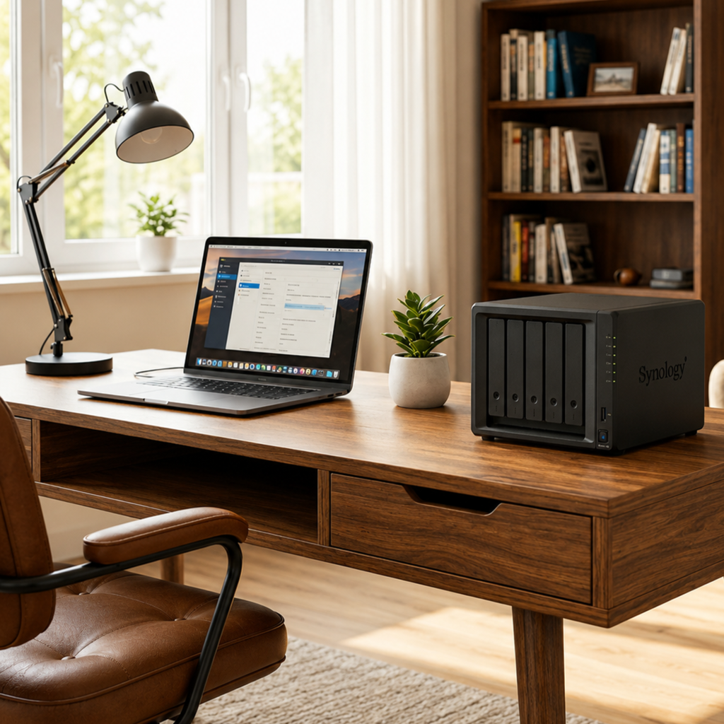 Synology 5-bay NAS on a home office desk beside a laptop, plant and bookshelf