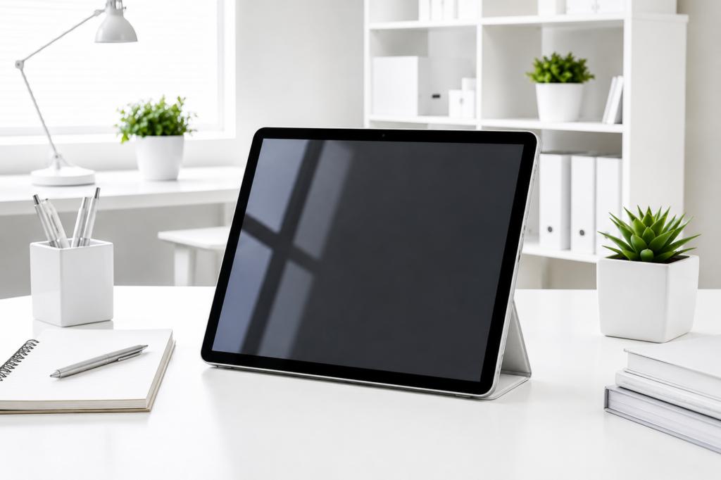 Business tablet propped on its folio stand on a white home-office desk, beside a notepad and pen