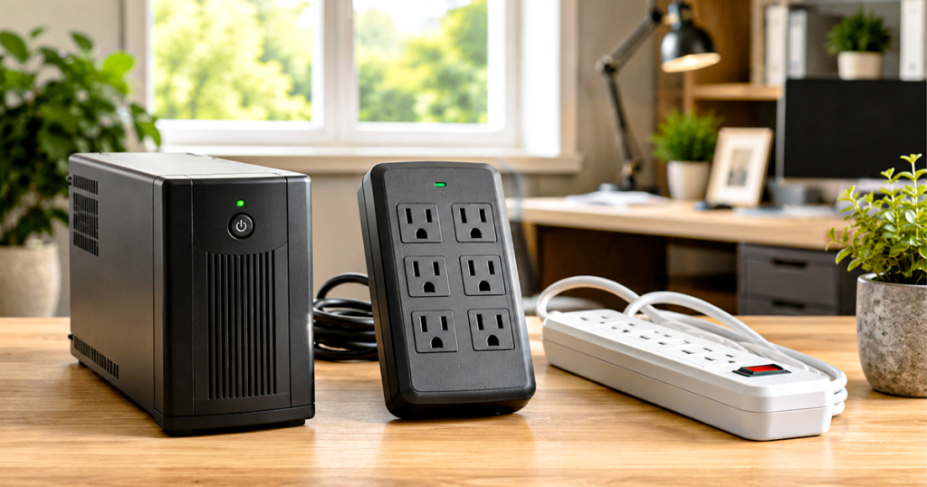 UPS vs surge protector vs power strip comparison - which power protection device a home office actually needs.
