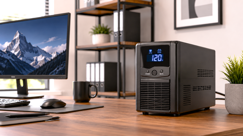 UPS battery backup unit powering a home office desk setup