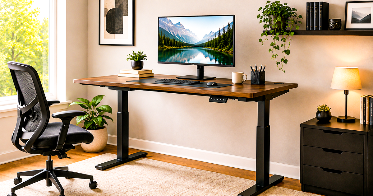 Electric sit-stand standing desk in a home office