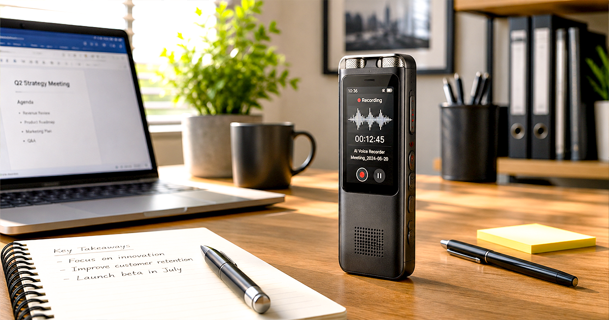 AI voice recorder and note taker on a desk