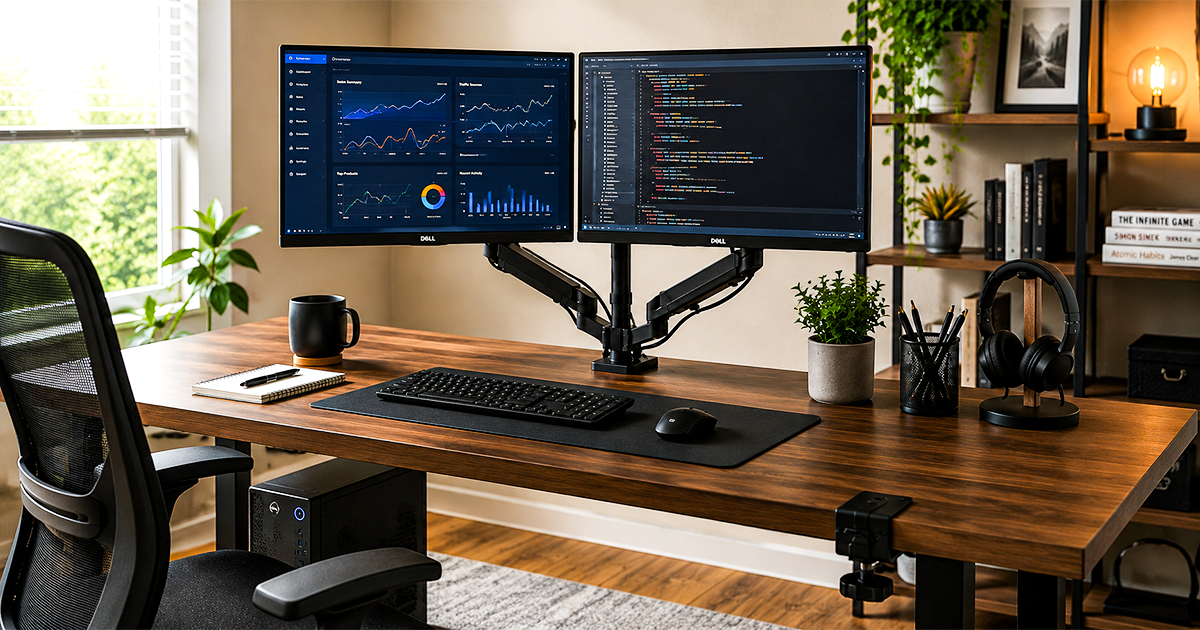 Dual monitor arm mount holding two monitors on a home office desk