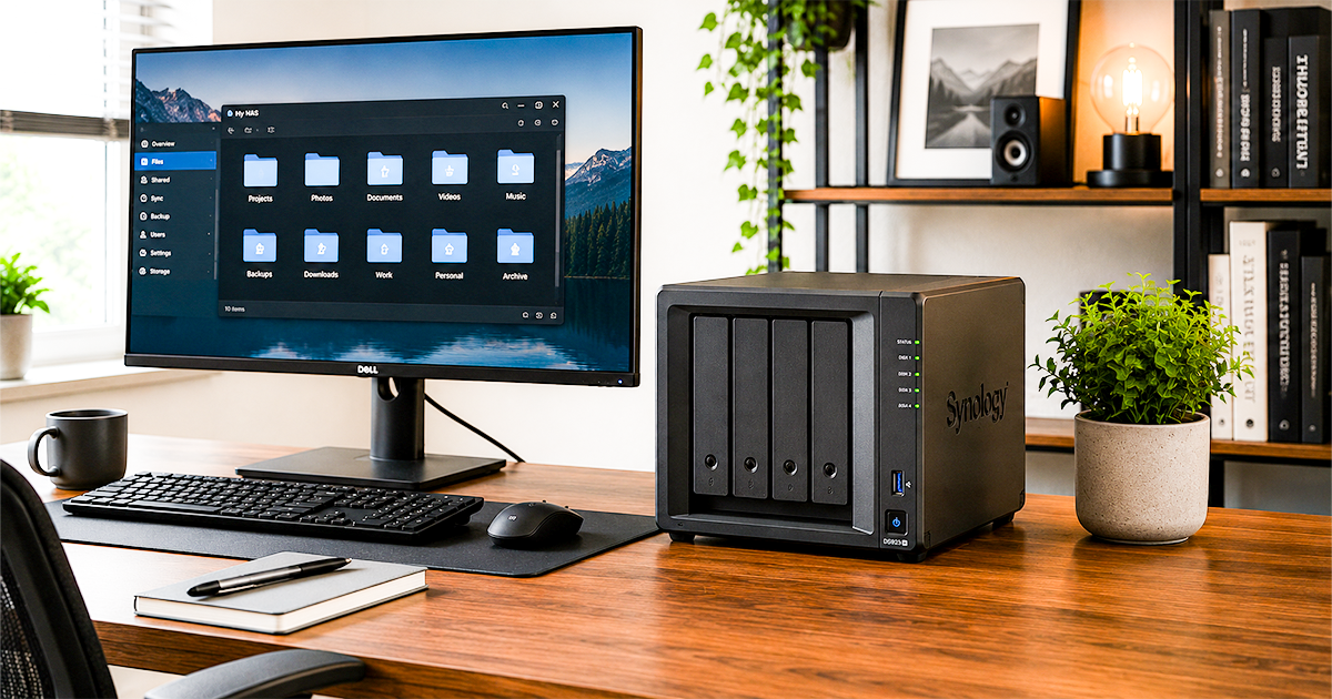 Synology 5-bay NAS on a home office desk beside a laptop, plant and bookshelf
