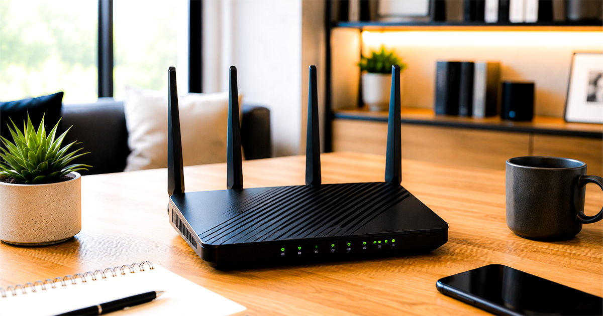 A modern wireless Wi-Fi router, representing the best Wi-Fi routers of 2026 for home office and remote work