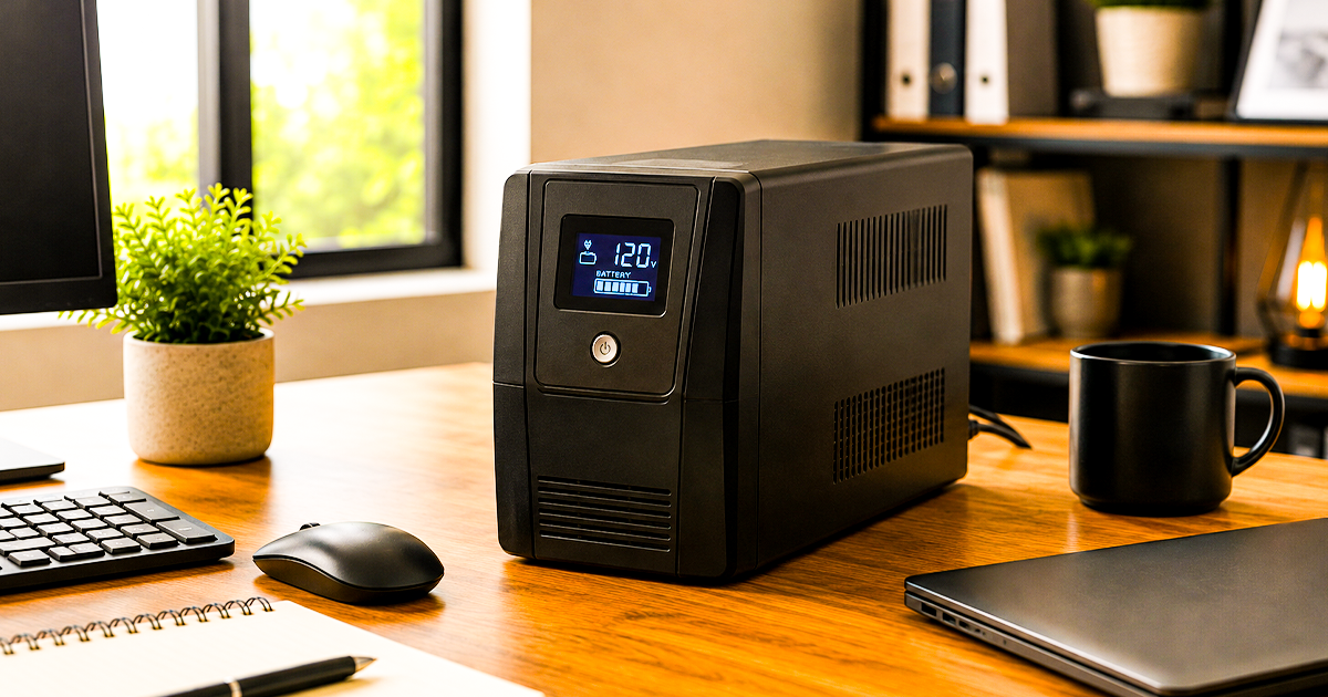 Home office desktop computer setup protected by a UPS battery backup - best UPS buying guide 2026