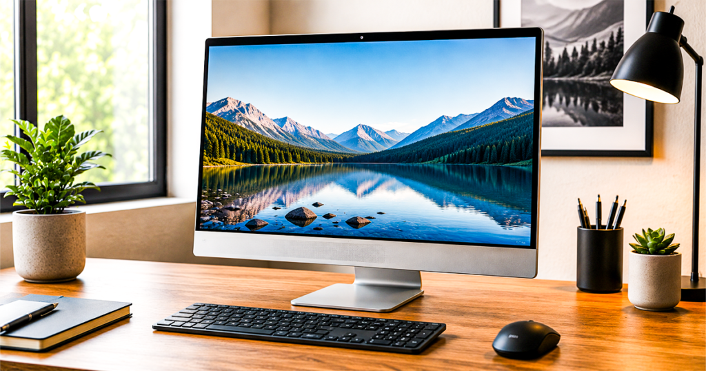 A silver all-in-one desktop computer on a wooden desk beside a window, with a wireless keyboard and mouse, a notebook, a desk lamp and potted plants.