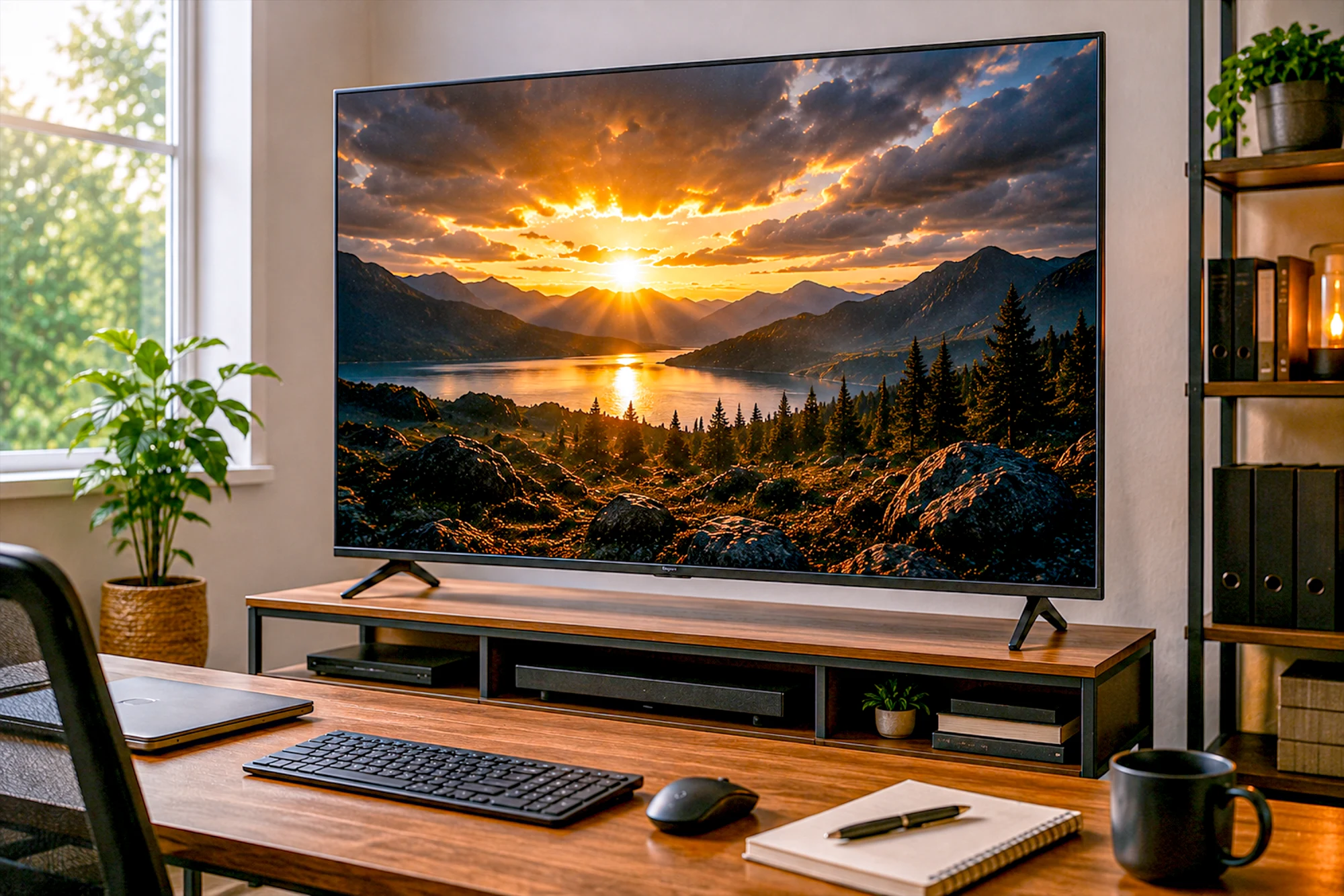 A large 4K television on a wooden home office desk showing a high-contrast sunset landscape, beside a window with greenery, a keyboard, notepad and coffee mug
