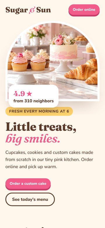 Sample bakery website on a phone