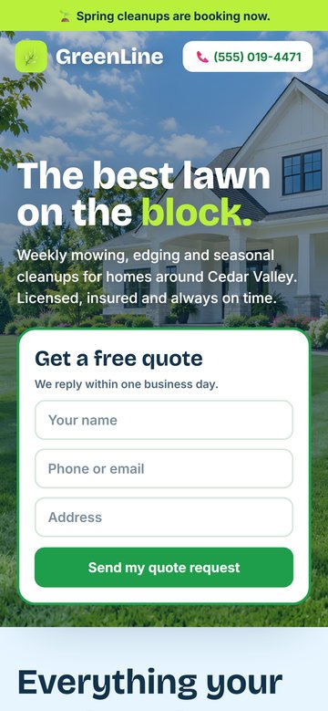Sample lawn care website on a phone