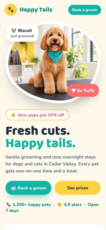 Sample pet grooming website on a phone