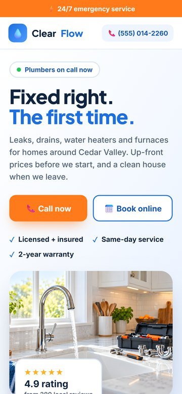Sample plumbing and heating website on a phone