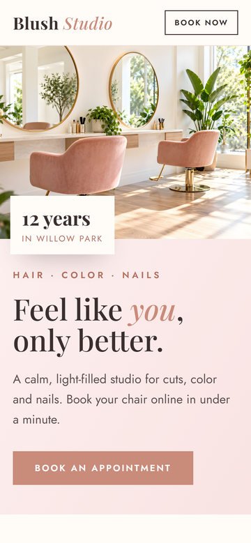 Sample hair salon website on a phone
